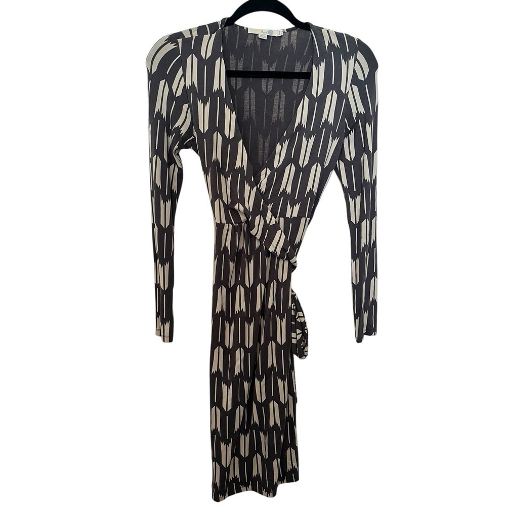 Boden Women's Wrap Dress Gray Cream Size 4, Long Sleeve Jersey Tie Waist